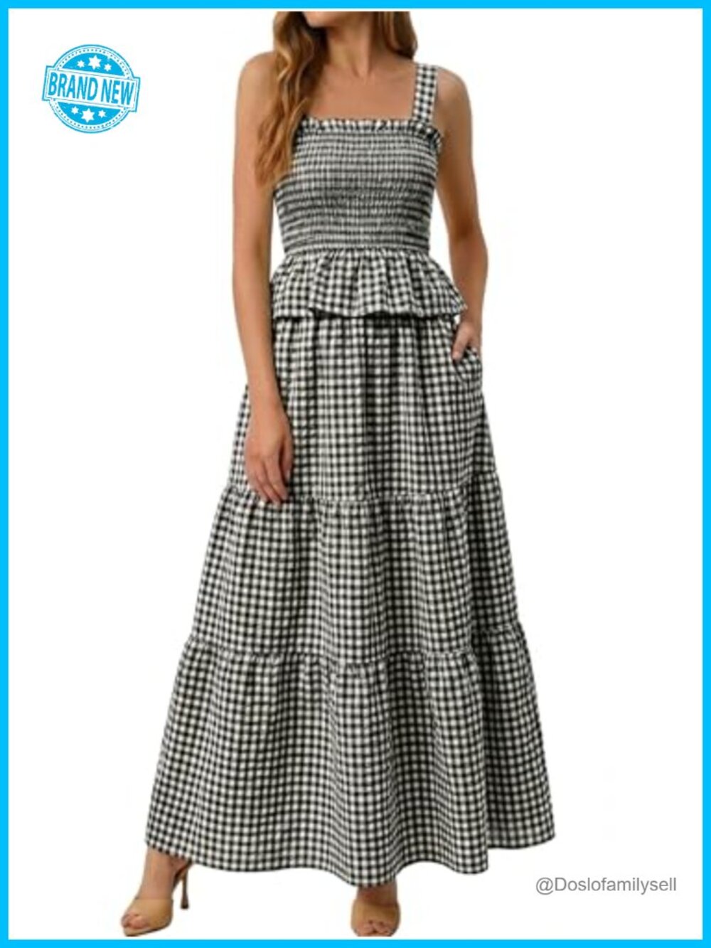 Gingham Tank Top Maxi Skirt Set Cotton Blend Smocked Square Neck Pockets